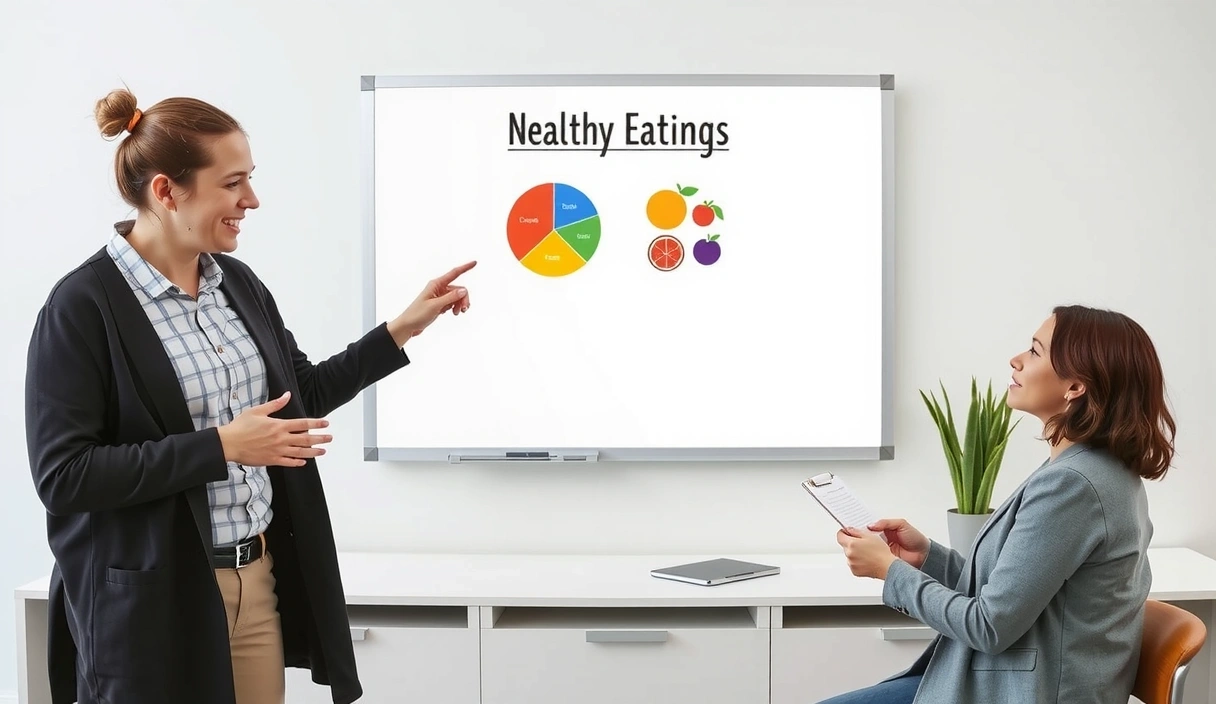Eine lächelnde Ernährungsberaterin erklärt einem Kunden die Vorteile gesunder Ernährung vor einem Whiteboard mit Diagrammen.