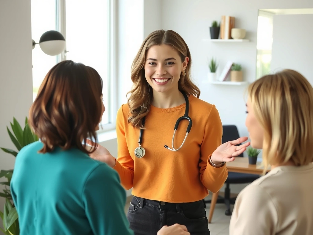 Eine freundliche Beraterin lächelt und begrüßt Kunden in einer hellen, modernen Büroumgebung.