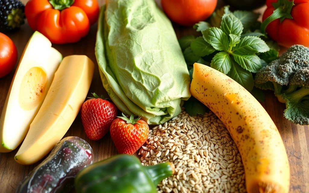 Nahaufnahme von frischen, gesunden Lebensmitteln wie Obst, Gemüse und Vollkornprodukten, die auf einem Tisch ausgebreitet sind.
