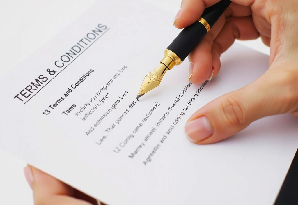 Eine Hand hält ein Dokument mit rechtlichen Begriffen und ein Stift liegt daneben, symbolisiert die Unterzeichnung von Geschäftsbedingungen.