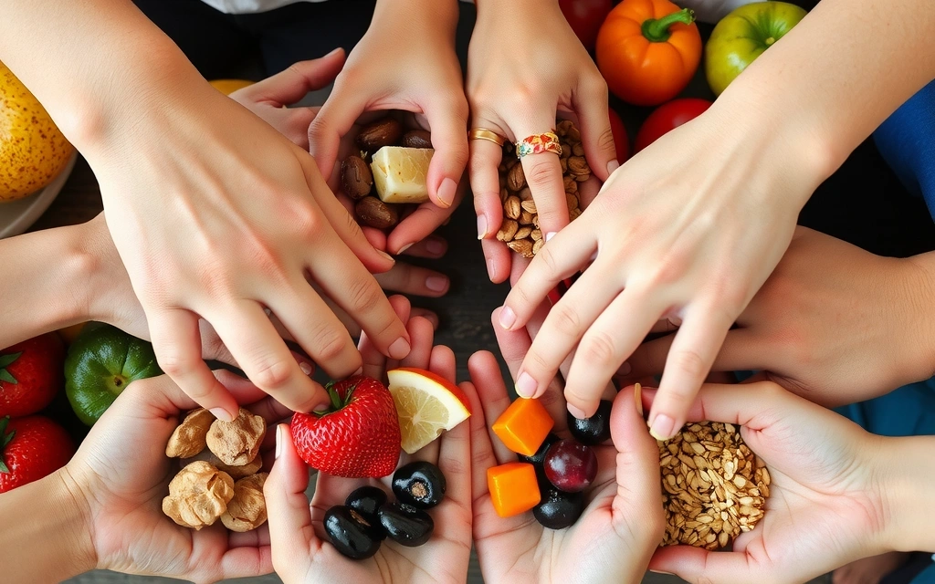 Hände, die verschiedene frische und gesunde Lebensmittel halten, die Vielfalt und Ganzheitlichkeit der Ernährung symbolisieren.